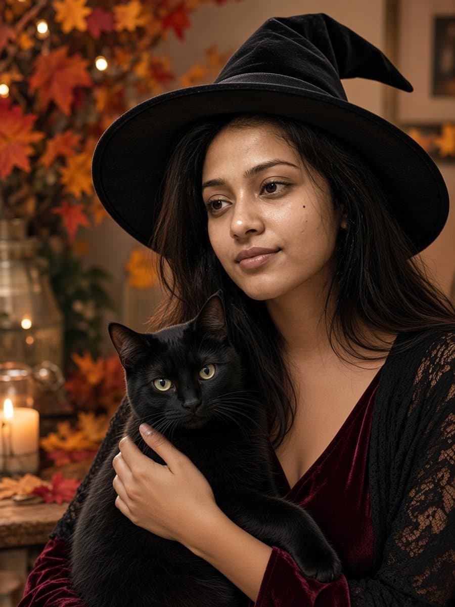AI Witch and Black Cat Halloween Photo